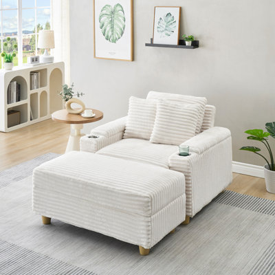 Canapé simple en velours côtelé avec un coussin, deux coussins décoratifs, un repose-pieds et deux espaces de rangement