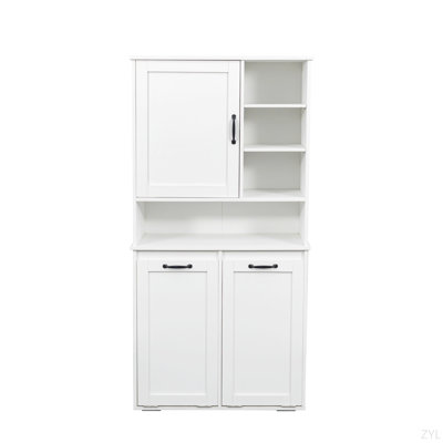 Laundry Cabinet With Doors And Shelf, Tilt-Out Laundry Hamper, Multiple Storage Space, Freestanding Style, Open Shelve, Adjustable Shelf, White