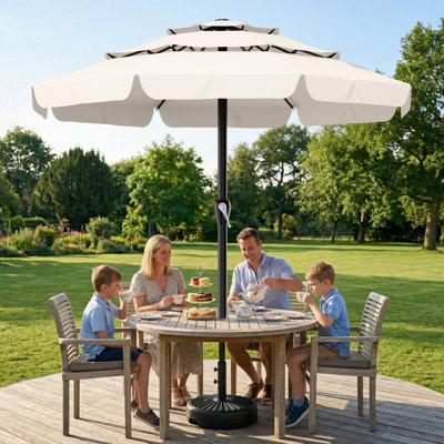 12FT All-Steel 3-Tier Fringed Patio Umbrella with Crank Handle, UPF 50+ UV Protection, 13 Ribs, Water Repellent Outdoor Umbrella for Deck, Backyard & Poolside, White
