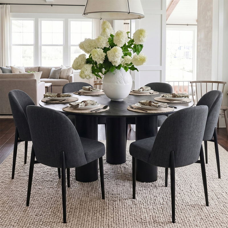 Modern 7-Piece Round Dining Set With Multi-Pedestal Base Table And Upholstered Side Chairs, Charcoal Black