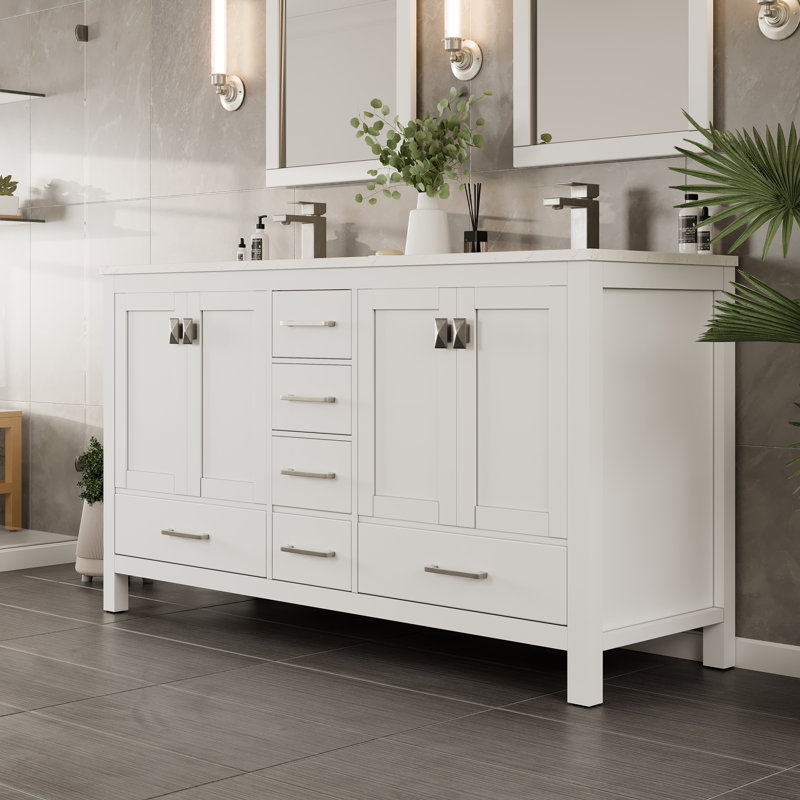 London Double Sink White Bathroom Vanity with Carrara Quartz Countertop