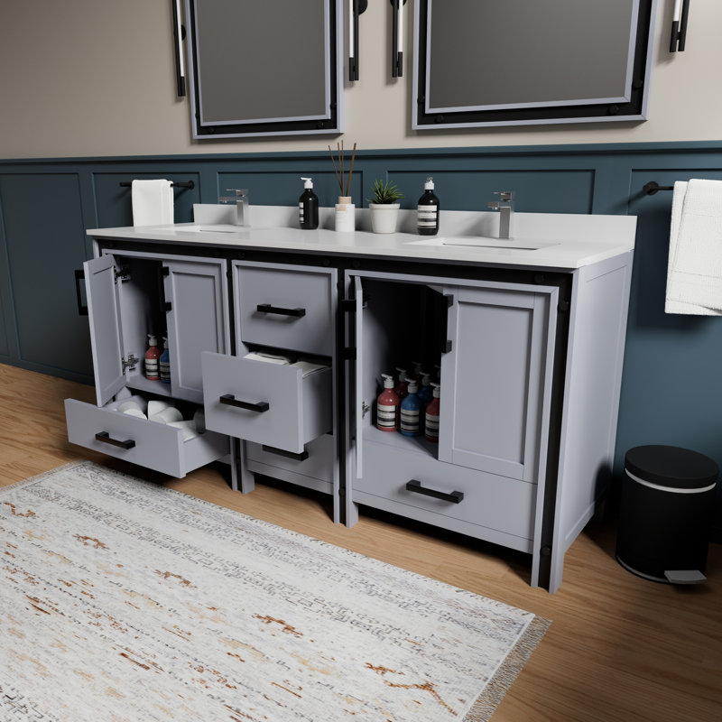 Meuble-lavabo double avec comptoir en quartz blanc, Gris foncé