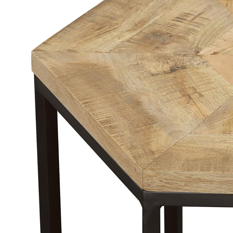 2 tables gigognes géométriques avec dessus en bois de manguier naturel et noir, cadres en fer pour le salon principal, pièce hexagonale élégante en métal