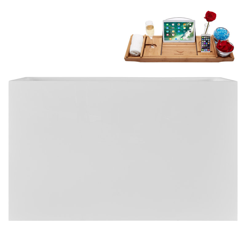 47" Streamline Soaking Acrylic Freestanding Bathtub, Bamboo Tray, Drain, Brushed Gold