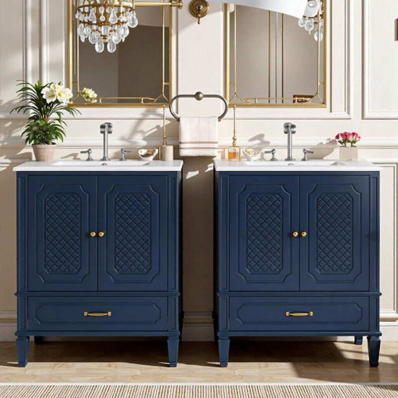 Meuble-lavabo 60 po avec lavabo double, 2 armoires et tiroirs, rangement spacieux