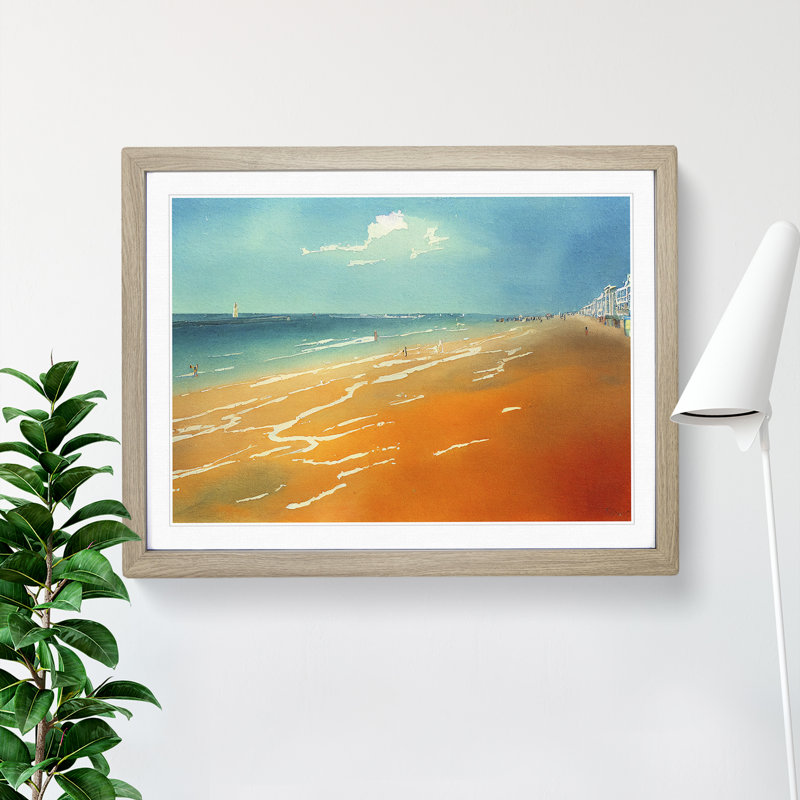 Beach In Watercolour Vol.3 - Single Picture Frame Painting, 46cm H x 64cm W x 2cm D, Oak