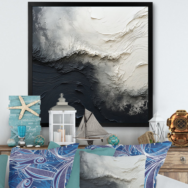 Minimalisme, peinture noire et blanche, vague I - art mural encadré bord de mer, H 16 po x l 16 po x P 1 po