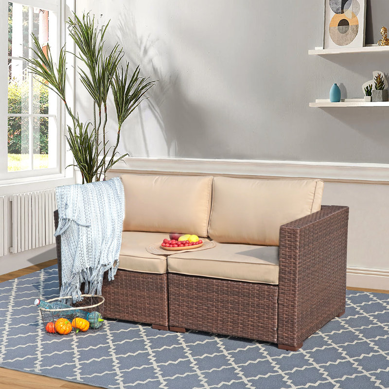 Gerdt 59.2'' Wide Wicker Loveseat with Cushions, Beige Cushion/Brown Frame