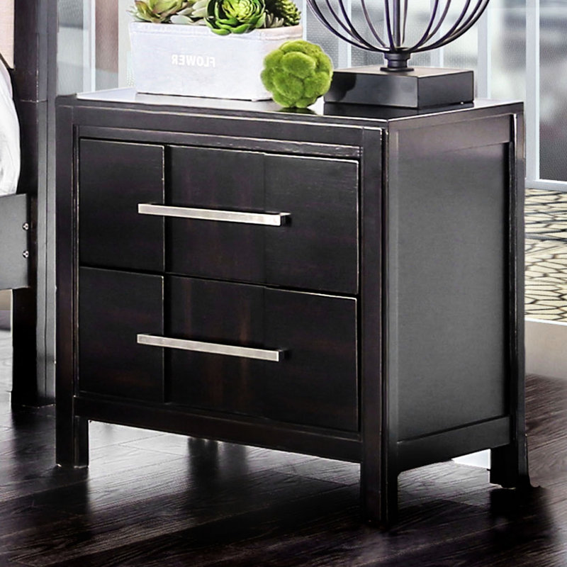 Table de chevet transitionnelle 1pc, 2 tiroirs doublés de feutre, base en bois massif, placage, style de tiroir de couleur de pièce de chambre à coucher et plateau, confort