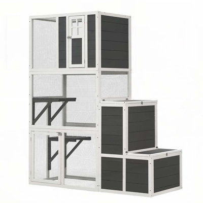 Maison de chat en bois à 3 niveaux pour l'extérieur et l'intérieur convenant à 1 ou 3 chats avec une cage de repos pour chat, 4 plateformes et 2 portes
