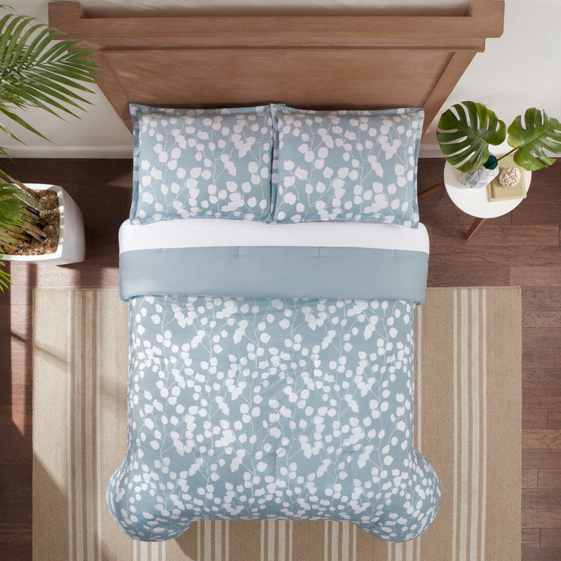Serta Simply Clean Ellen Botanical Leaf Antimicrobial Complete Bedding Set With Sheets, Light Blue/White