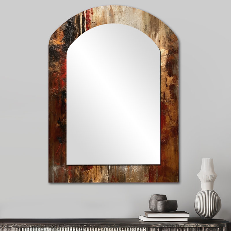 Révélations de l'ancienne Italie en or et rouge - grand miroir mural arqué, art décoratif imprimé en métal, 34 po x 25 po