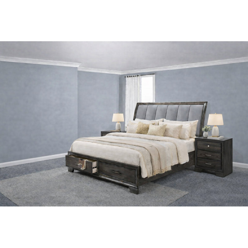 Ensemble de chambre à coucher moderne avec lit-bateau avec rangement rembourré gris, Queen, 3 Piece