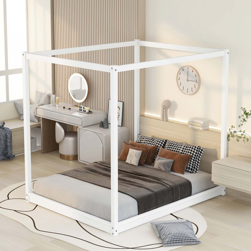 Lit plateforme à baldaquin avec pieds de support, Blanc, Grand