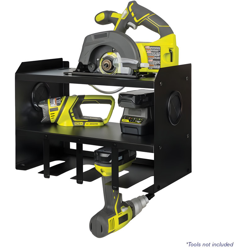 Montezuma 4-Bay Steel Wall-Mounted Power Tool Holder And Organizer With Shelf For Garage And Workshop