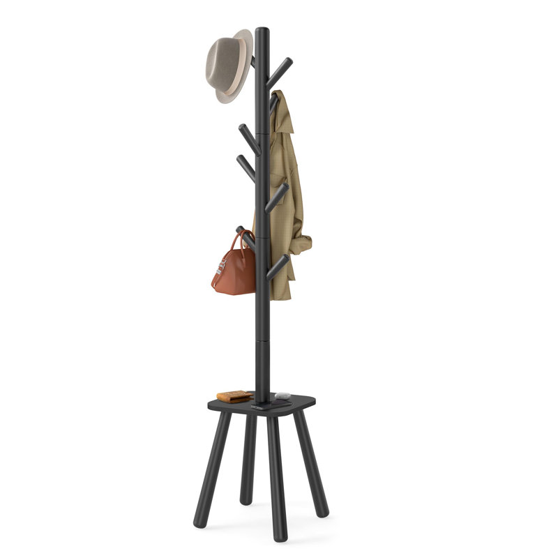 Coat Rack, Free Standing Coat Stand, Hall Coat Tree with 8 Hooks and Storage Shelf for Coats, Hats, Bags, for Entryway, Hallway, Bedroom, (Ink Black)