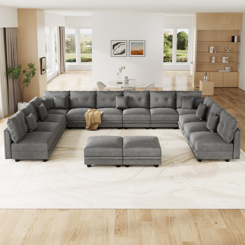 14 Seat Corduroy Convertible Modular Sectional Sofa With Storage, 12 Back Cushion 12 Throw Pillow, Gray Corduroy