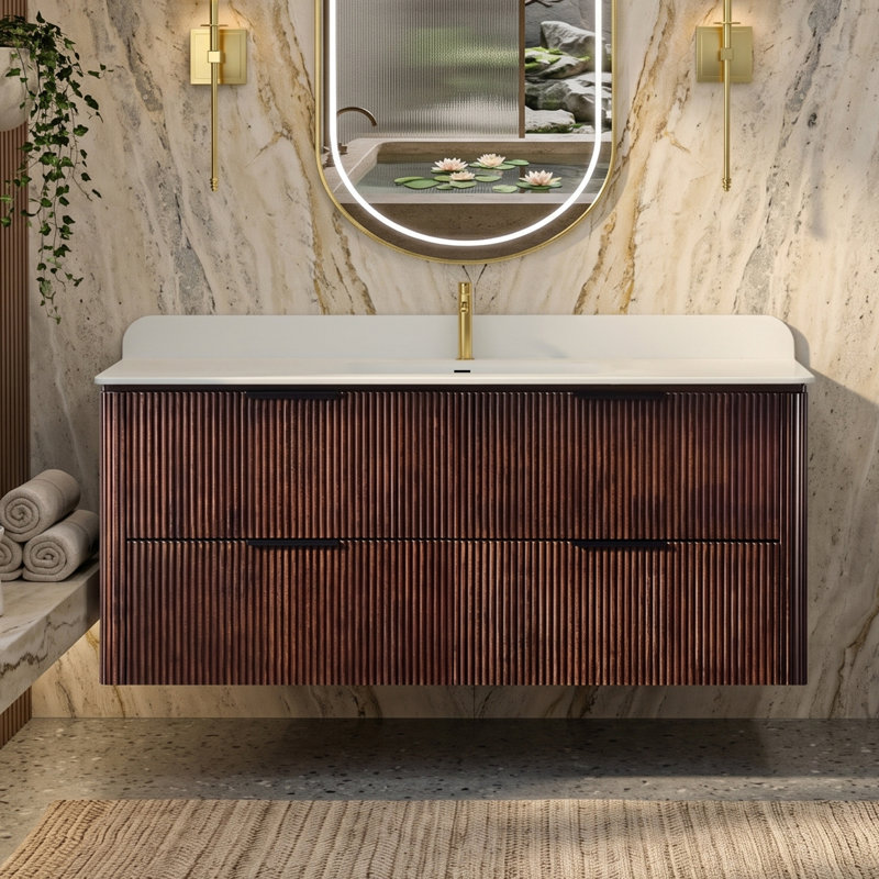 Meuble-lavabo suspendu de 122 cm (48 po) en fini noyer avec lavabo monobloc sans joint.