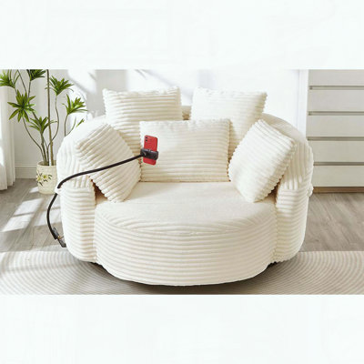 Très grand fauteuil rond en velours côtelé pivotant à 360 ° - 5 coussins et support pour téléphone - Beige