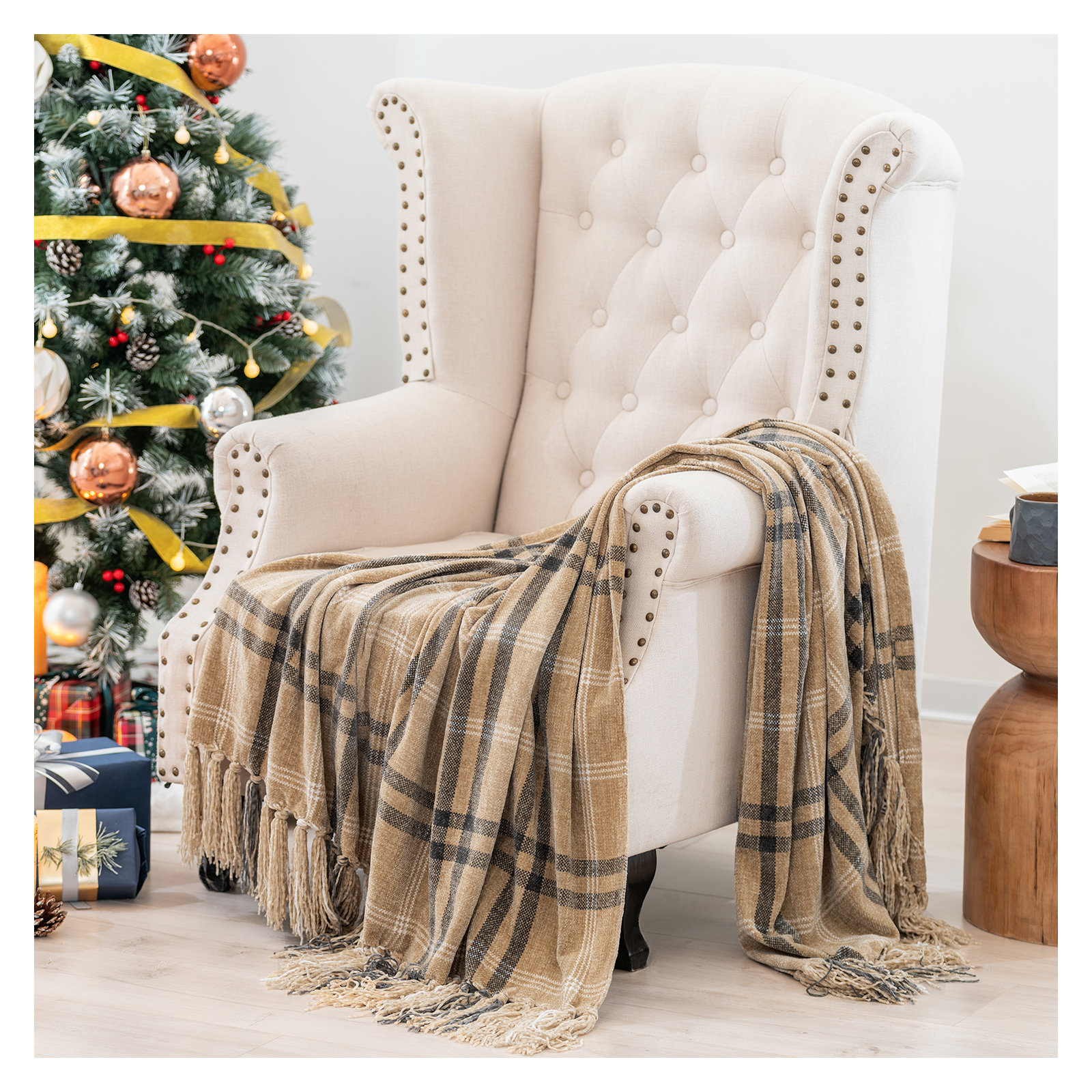 60" L x 50" W, Khaki/Gray Plaid
