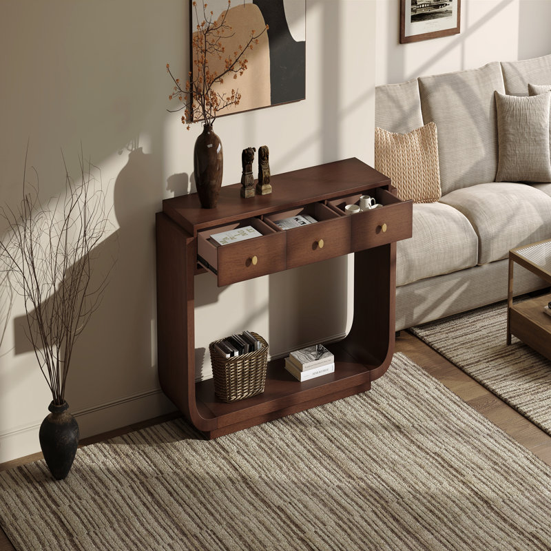 Classic-Style Console Table, 3 Storage Drawers, Display Shelf, Curved Legs, Painted Finish, Entryway/Hallway/Living Room, Walnut