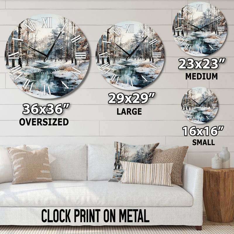Rivière en forêt, paysage d'hiver - horloge murale, Médium