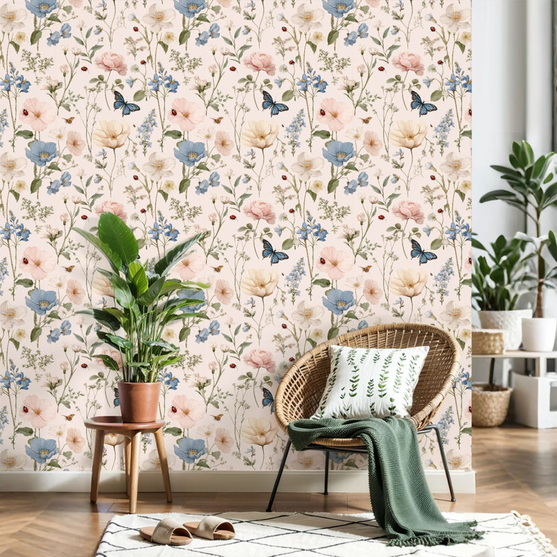 Papier peint auto-adhésif mural, papier peint auto-adhésif à motif floral botanique et pastel, L 119 po x l 24 po