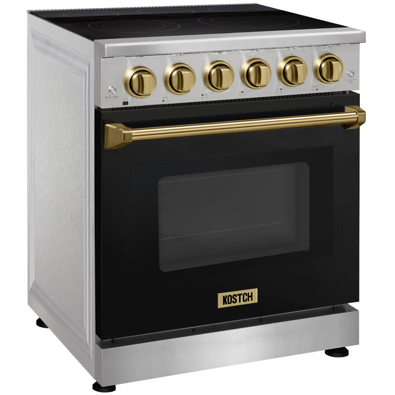 KOSTCH 30" Professional Electric Range with 5 Heating Elements Cooktop, 4.55 Cu. Ft. Convection Oven Capacity, Smooth Glass Top Oven in Black with Bronze Accents