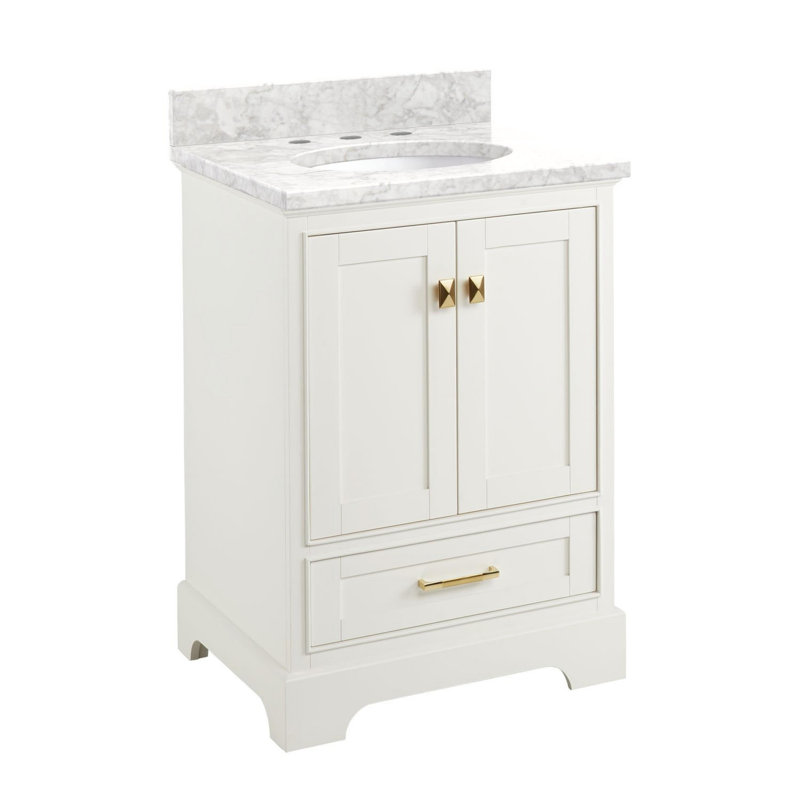 Quen 24" Freestanding Single Basin Vanity Set with Cabinet, Vanity Top, and Oval Undermount Sink, Carrara Marble, Satin Brass