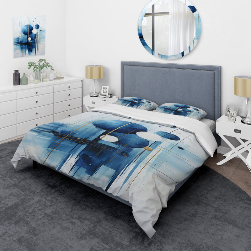 Ensemble de housse de couette nautique géométrique blanche et bleue à formes géométriques abstraites V