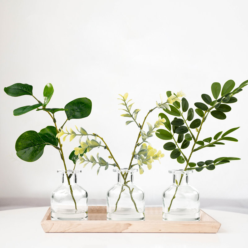 Faux Plants 11 " H Faux Bonsai and Ficus Branch in Glass Pot