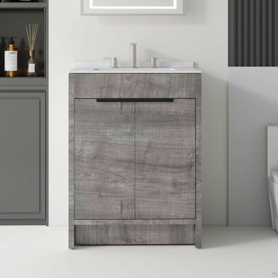 Meuble-lavabo autoportant de 24 po avec lavabo, porte à fermeture douce, comptoir et dosseret en marbre de culture blanc de Carrare de 0,6 po, contreplaqué, gris