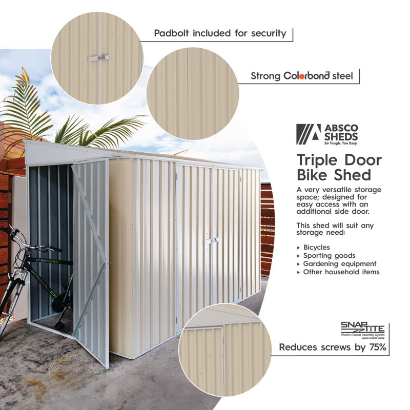 Absco Durango 10' W x 5' D Metal Galvanized Steel Weather Resistant 3 Door Lean-To Bike Shed Classic Cream, Tan