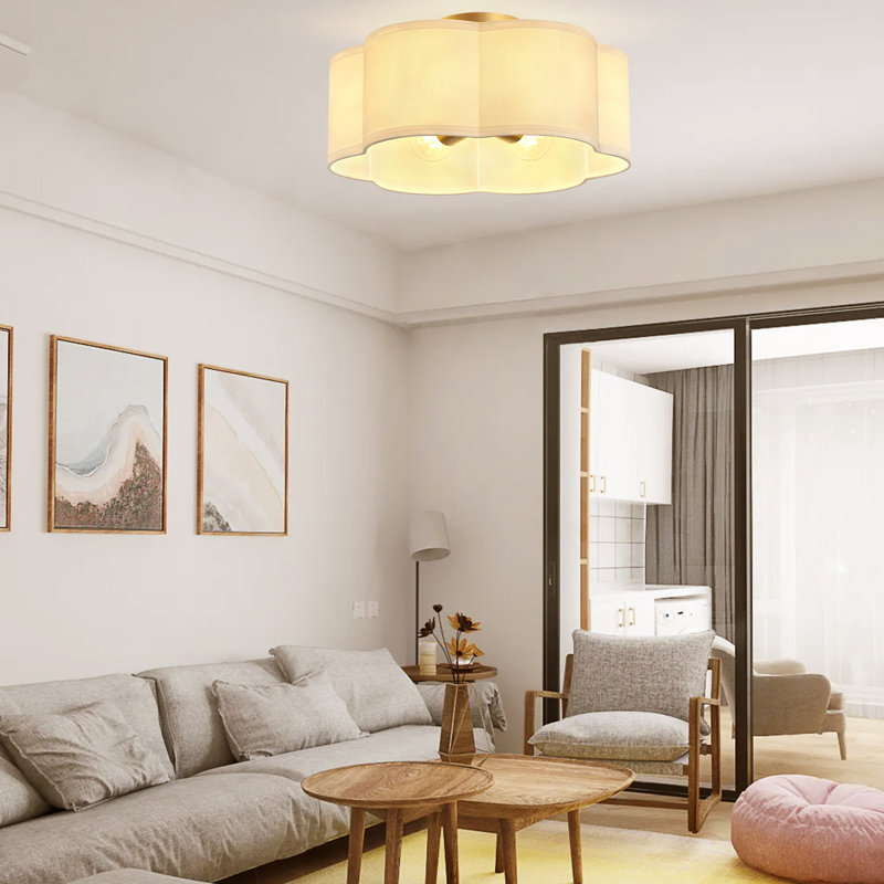 Plafonnier semi-encastré Greidys Gold, 6 lumières de plafond avec abat-jour tambour en tissu en forme de fleur, lumière moderne de 15 pouces pour le couloir de la chambre de la chambre de bébé