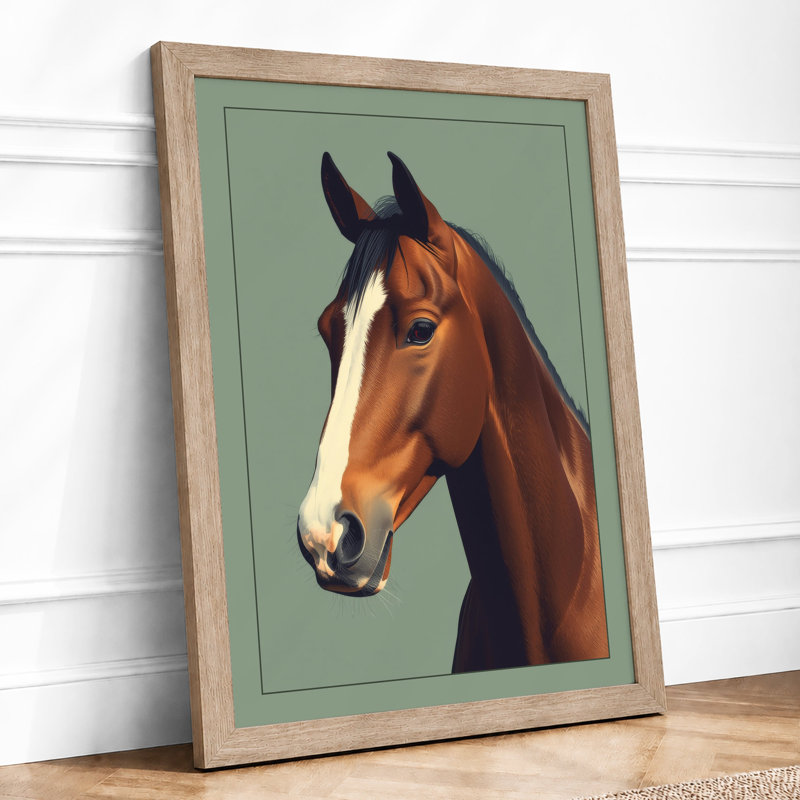 Bay Horse Portrait Modern - Framed Print, A4 - 29.7 x 21.0 cm, Oak