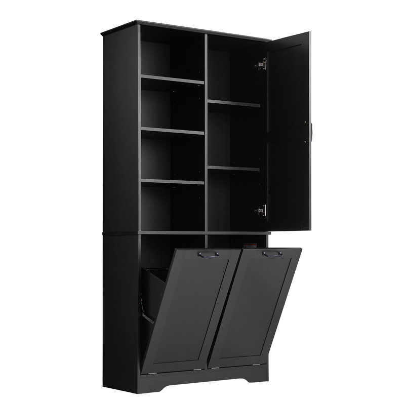 Bathroom Storage Cabinet with Doors and Tilt-Out Laundry Hamper, Black