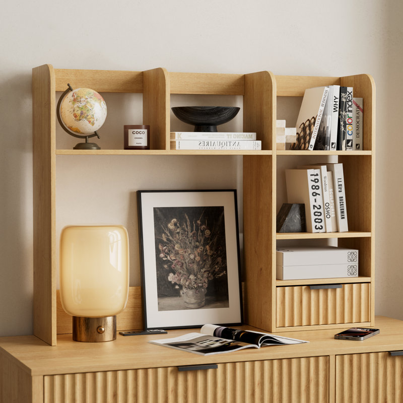 28.3”H*37"W Modern Wood Bookcase ,Desktop Organizer With Fluted Drawer, Versatile Multi-Shelf Storage Unit For Home Office