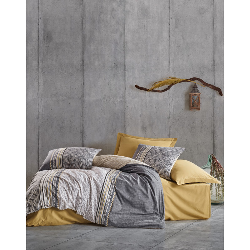 Ensemble de housse de courtepointe 100% coton Ranforce, gris et moutarde, 78,7 po x 78,7 po | Comprend des taies d'oreiller | Lavable à la machine, 145 fils, fermeture à boutons pour couette et fermeture à enveloppe pour taies d'oreiller | Literie él?