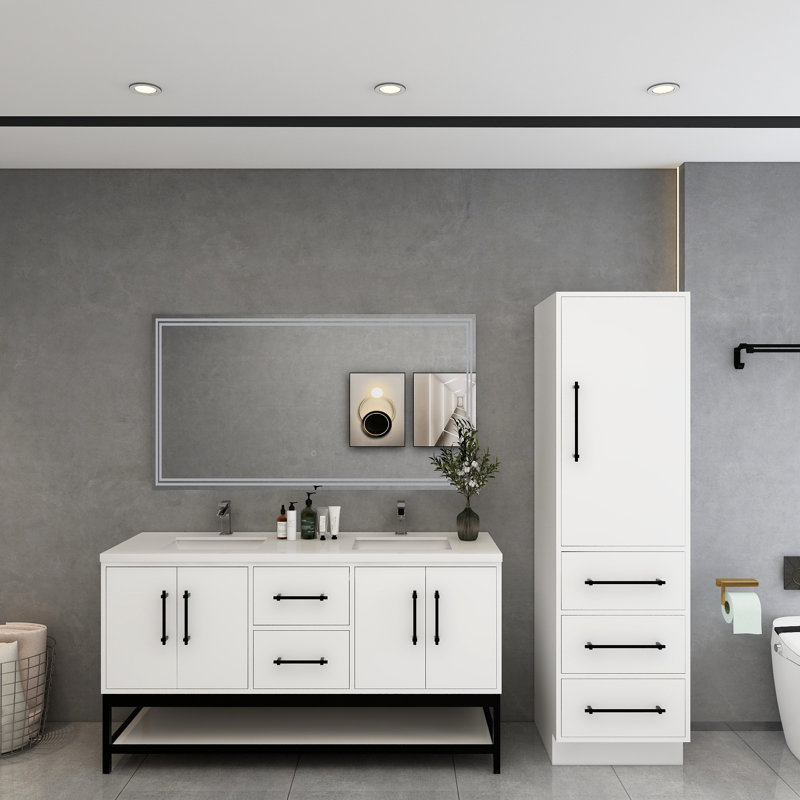 Victoria 60'' Wall-Mounted Vanity with Double Reinforced Acrylic Sink & Rack, Gloss White