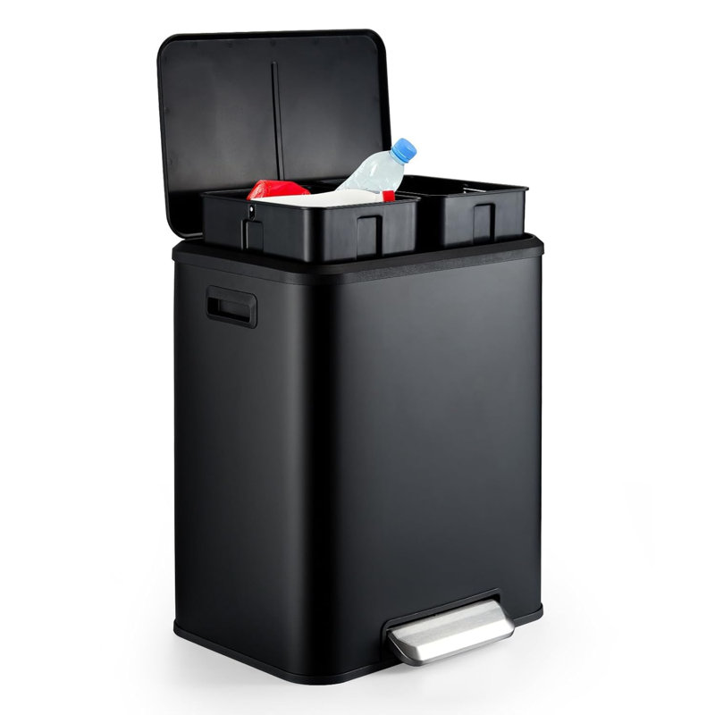 Poubelle, poubelle double en acier inoxydable 2 x 4 gallons (2 x 15 L) avec bac de recyclage, couvercle à fermeture en douceur, poubelle à pédale, argent (avec seaux intérieurs en plastique amovibles)