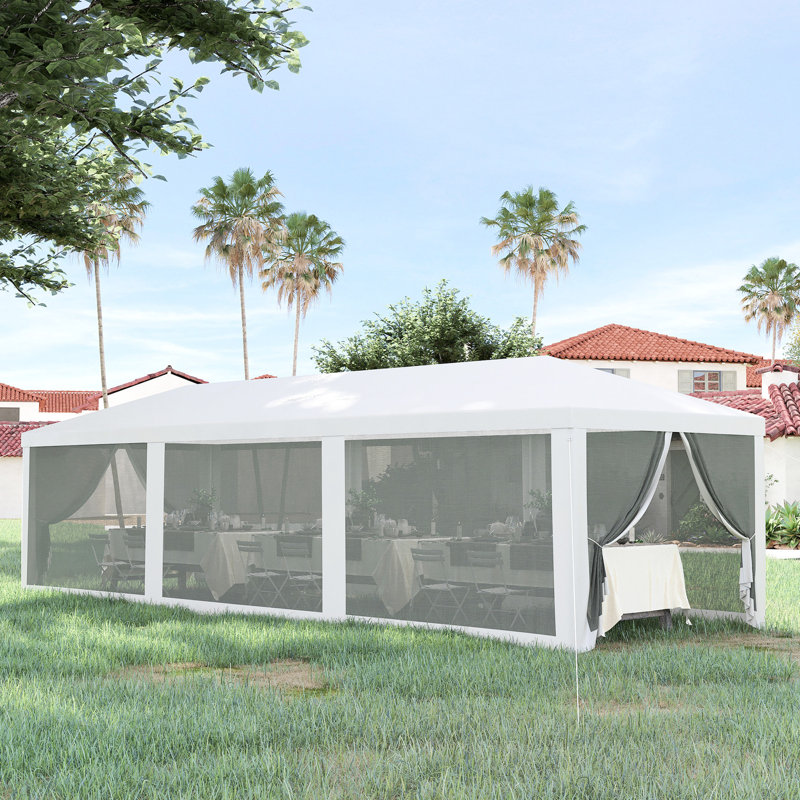 Pavillon de jardin d'extérieur 10 pi x 28 pi - auvent blanc avec parois latérales en filet, accès à fermeture à glissière, structure en acier imperméable, bloquant, pouvant accueillir de nombreuses personnes, 8 portes amovibles, cadre, blanc Spacieux