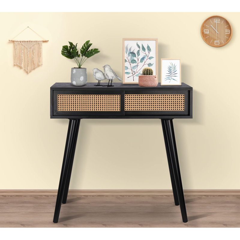 31" Console Tables For Entryway, Vanity Desk Rattan Dresser Side Table Black Entry Table Narrow Console Table Modern Hallway Table Boho Sofa Table