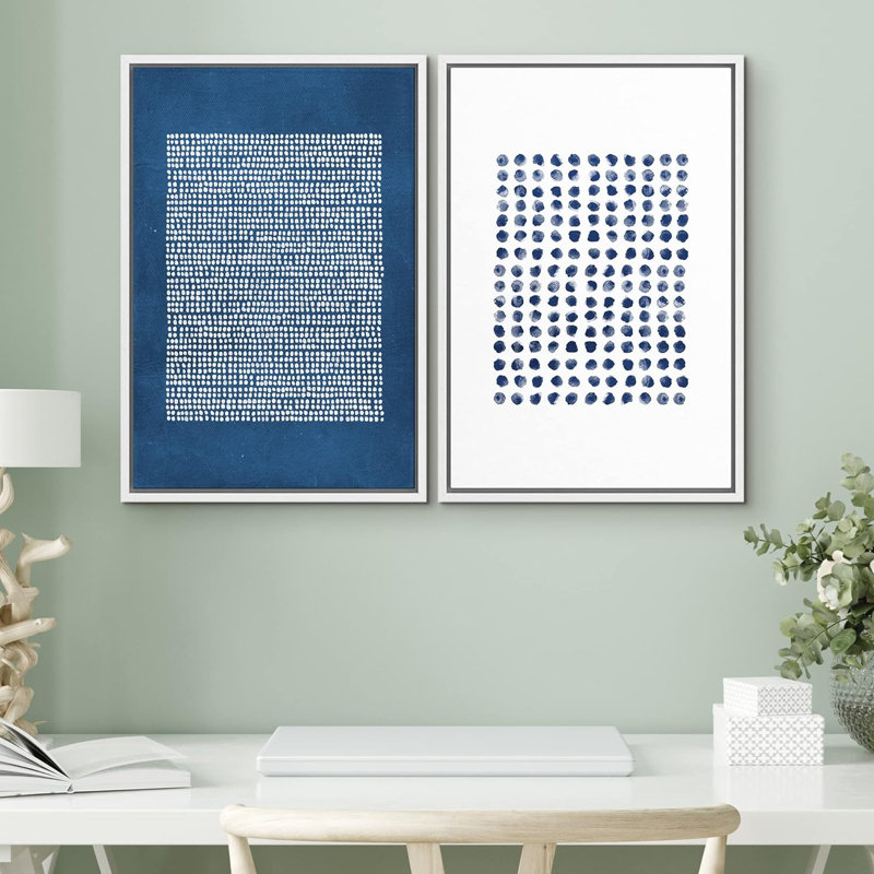 Bleu marine, blanc, collage géométrique à pois, images murales de forme abstraite, art moderne, bureau nordique - ensemble de 2 reproductions sur toile flottante