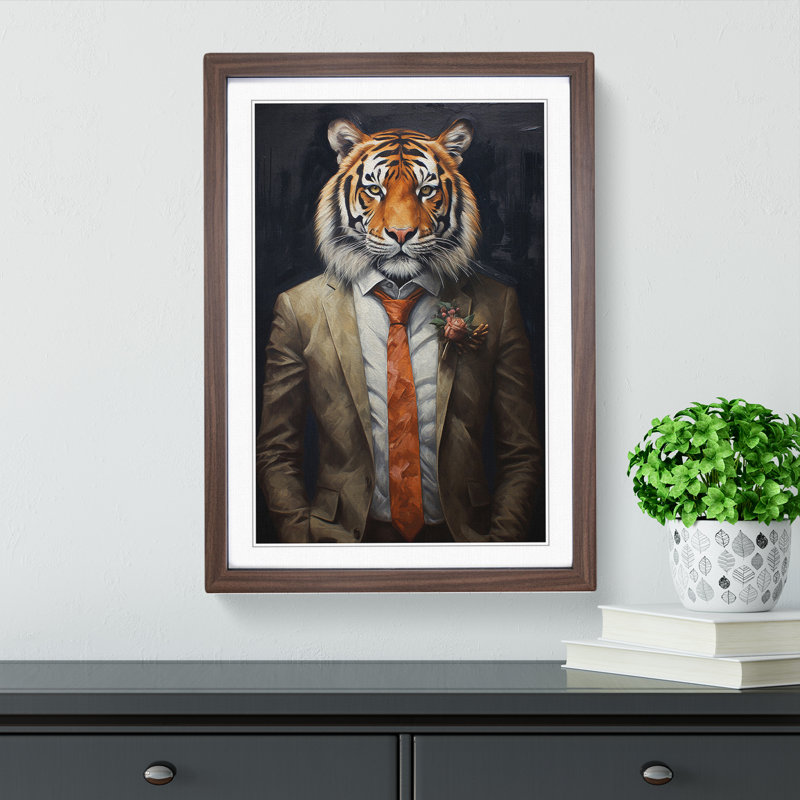 Tiger In A Suit Painting No.3 - Single Picture Frame Print on Wood, 34cm H x 25cm W x 2cm D, Walnut