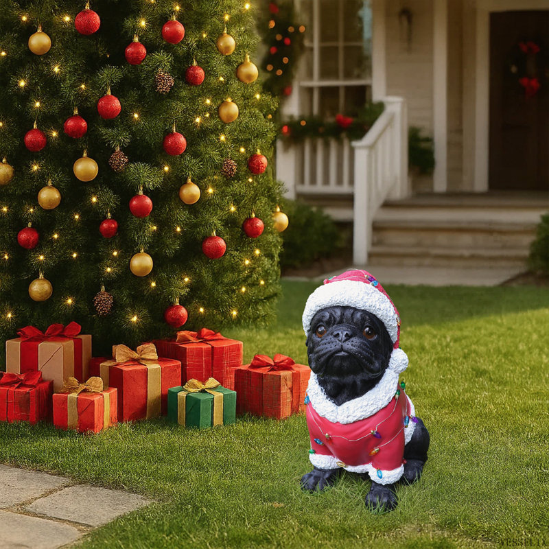 Statue de Noël carlin, chien de Noël en tenue de père Noël