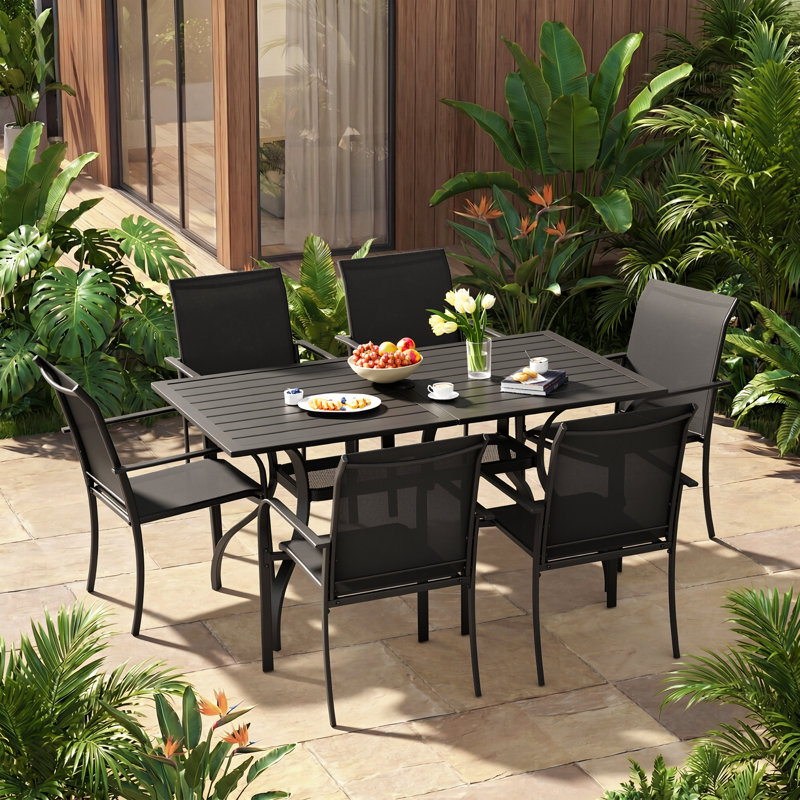 6-Person Patio Dining Set with Rectangular Metal Dining Table and Stackable Textilene Armrest Chairs (Black), Black