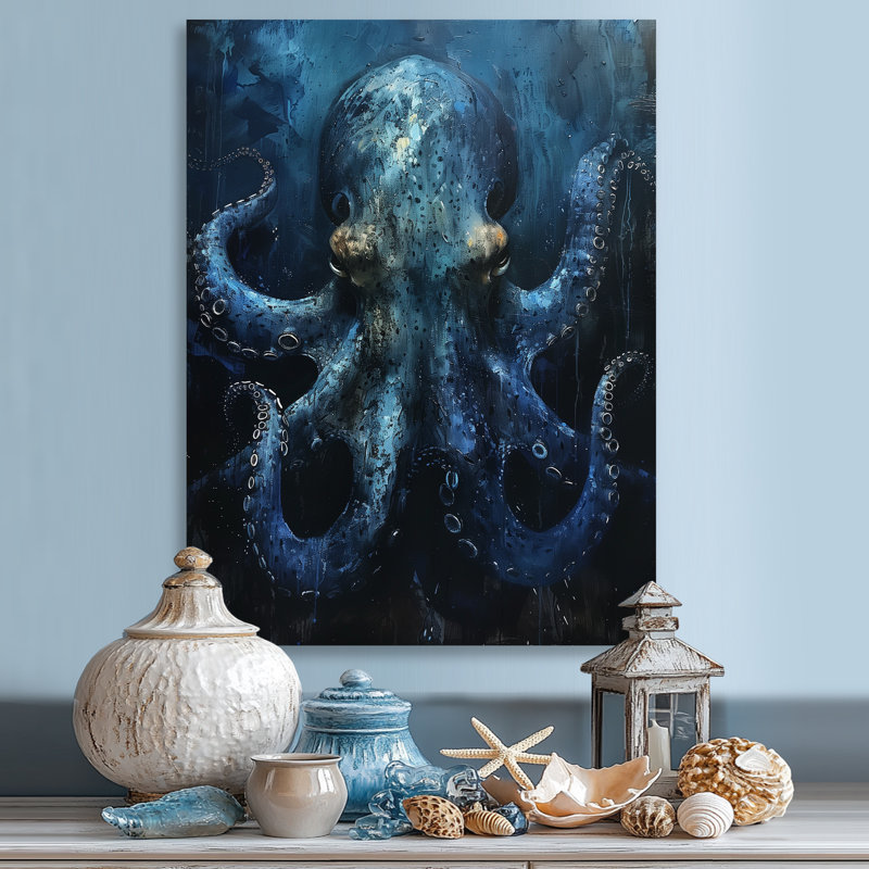 Bleu pieuvre géante créature - créatures marines, art mural salon, H 24 po x l 32 po, Métal métal