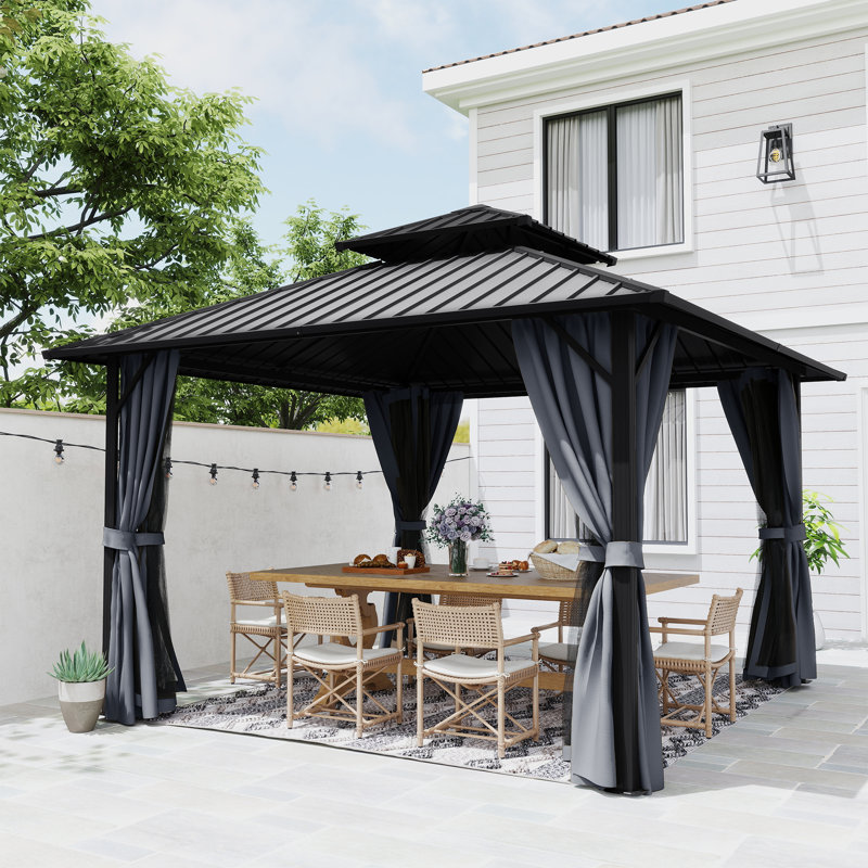 D Double Roof Hardtop Aluminum Patio Gazebo with Netting and Curtains, Gray, Gray, 77.4" H x 122.4" W x 122.4" D
