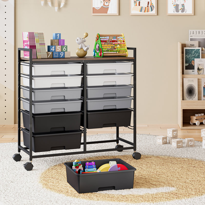 Chariot utilitaire roulant 12 tiroirs avec plateau en bois, rangement pour artisanat mobile et organisateur de fournitures d'art, chariot roulant pour bureau à domicile, rangement pour salle de classe avec roues
