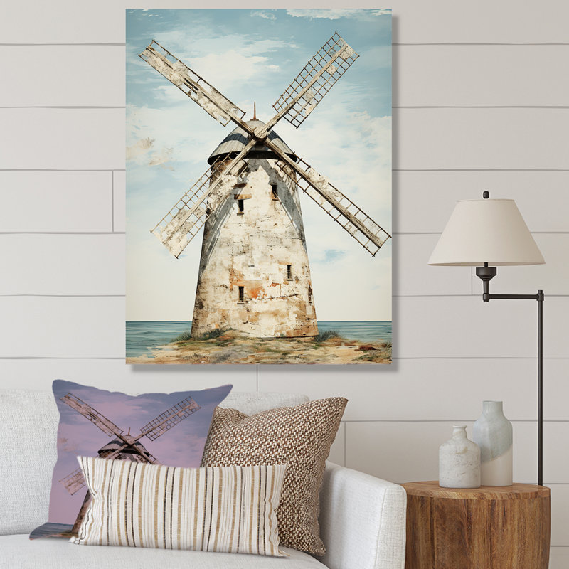 «Vintage Windmills At The Beach II - Wind Turbines», art mural, Black Picture Framed, 32" H x 16" W